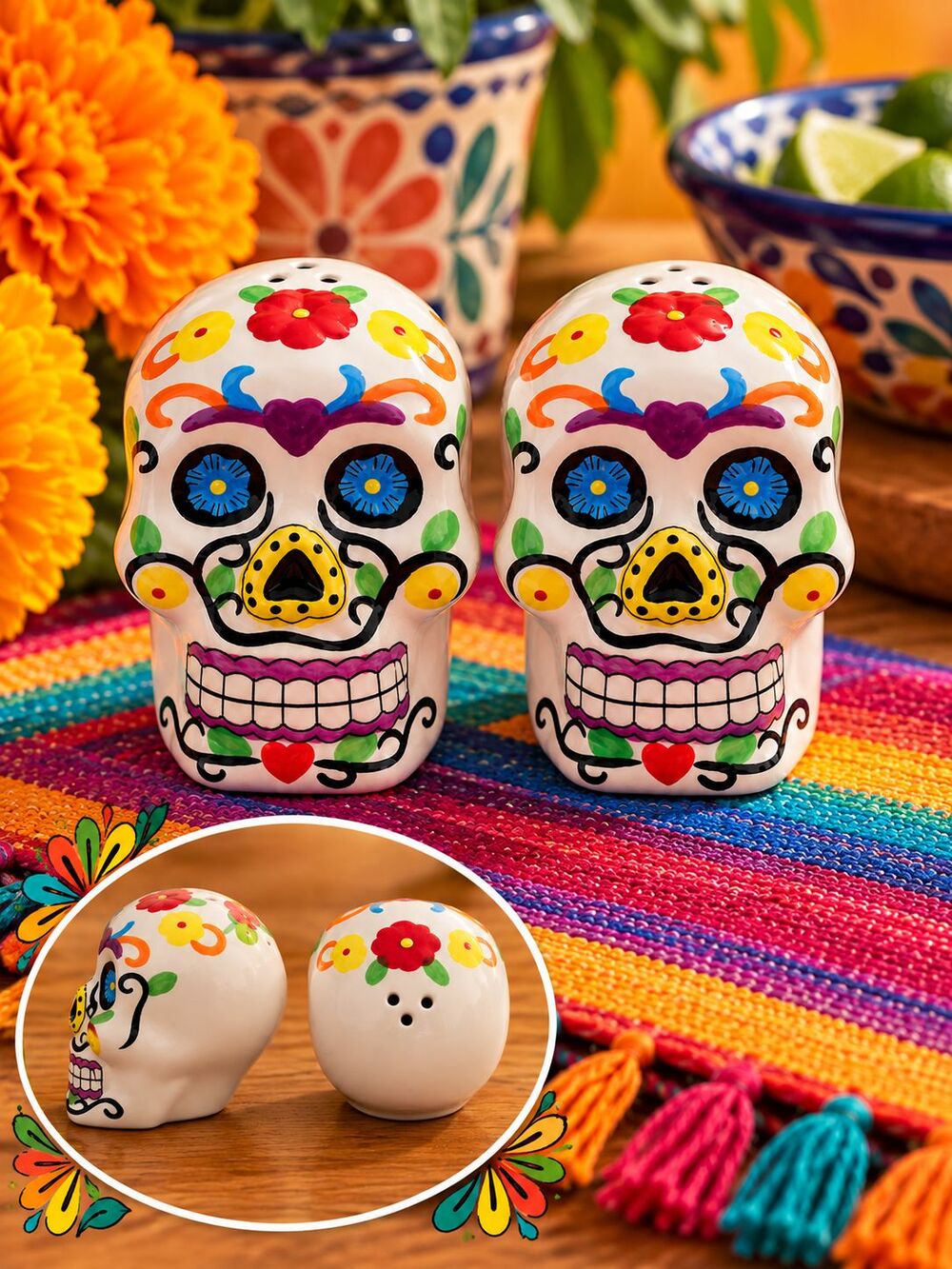 Day of the Dead Sugar Skull Salt & Pepper Shakers Ceramic Calavera Colorful Set